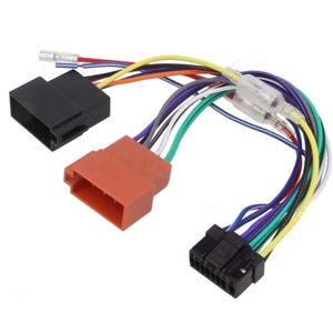 May include: An electrical wiring harness with multiple colored wires, connectors, and terminals. The harness features black and orange connectors, with a variety of colored wires including yellow, blue, green, and purple. The wiring harness is designed for automotive or electronic applications.