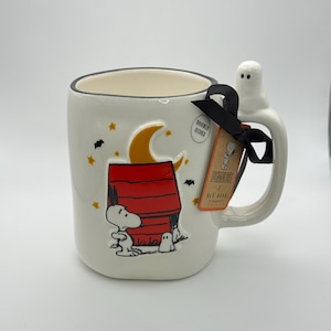 Spooked Snoopy Halloween mug by Rae Dunn | Snoopy boo! Halloween mug with a ceramic ghost on the handle | Perfect for boo baskets