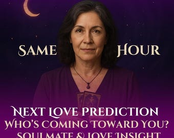 Puede incluir: Una mujer con cabello oscuro y una camisa morada sostiene dos cartas de tarot frente a ella. El fondo es un cielo morado con una luna creciente y estrellas. El texto dice "SAME HOUR NEXT LOVE PREDICTION WHO'S COMING TOWARD YOU? SOULMATE & LOVE INSIGHT"