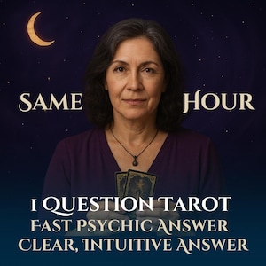 May include: A woman holds two tarot cards in front of her, with the text "I Question Tarot" above the cards and "Fast Psychic Answer Clear, Intuitive Answer" below. The background is a dark blue with stars and a crescent moon.