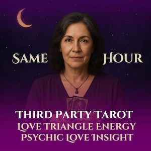May include: A woman with dark hair holds two tarot cards in front of her. The background is a purple gradient with a crescent moon and stars. The text "SAME HOUR" is at the top of the image. The text "THIRD PARTY TAROT LOVE TRIANGLE ENERGY PSYCHIC LOVE INSIGHT" is at the bottom of the image.