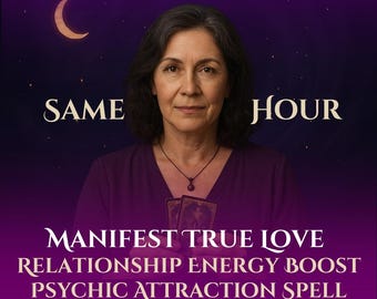 May include: A woman holds two tarot cards in front of her, with the text "MANIFEST TRUE LOVE RELATIONSHIP ENERGY BOOST PSYCHIC ATTRACTION SPELL" below. The background is a purple gradient with a crescent moon and stars.