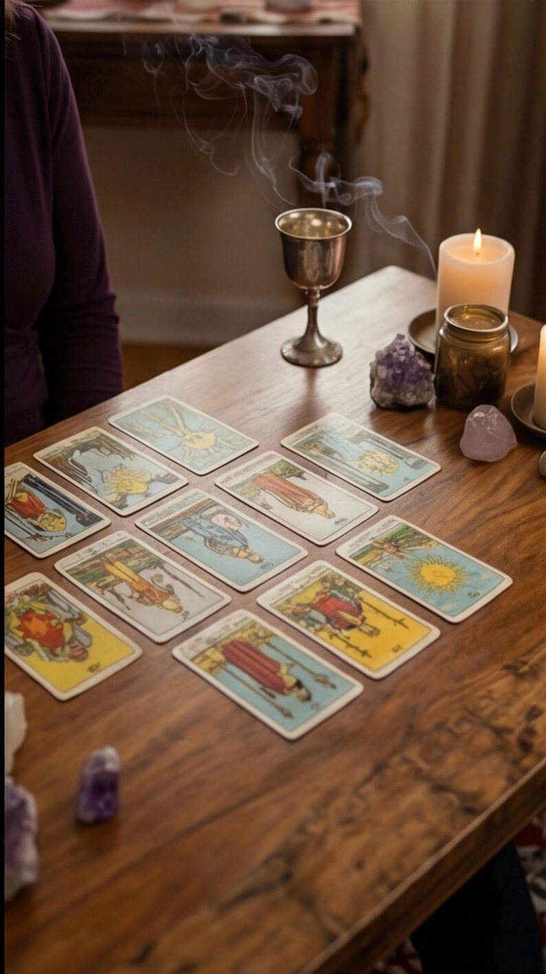 May include: A wooden table displays a tarot card spread with various illustrations. A silver chalice, lit candle, and amethyst crystals are also present. Wisps of smoke rise from the chalice, creating a mystical atmosphere.