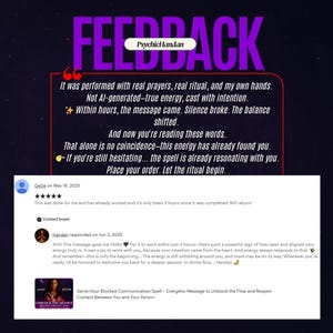 May include: A graphic with the word "FEEDBACK" in large purple letters. The image includes text about a ritual and customer testimonials. The text includes phrases like "real prayers" and "true energy".