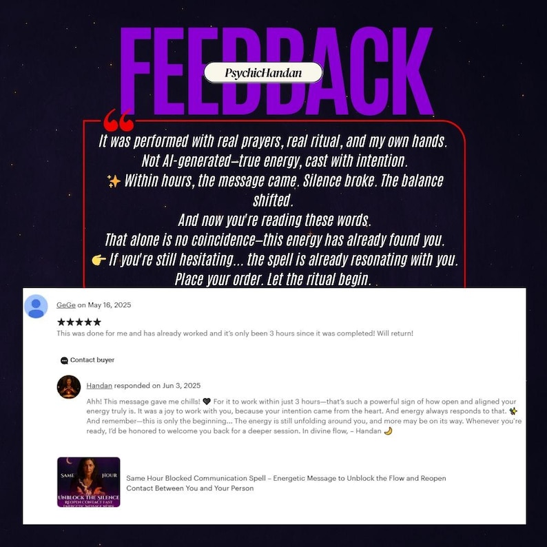 May include: A graphic with the word "FEEDBACK" in large purple letters. The image includes text about a ritual and customer testimonials. The text includes phrases like "real prayers" and "true energy".