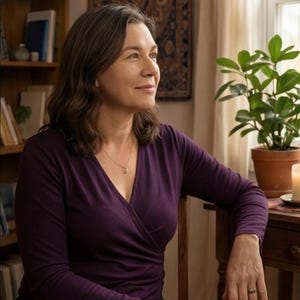 May include: A woman wearing a dark purple wrap top and blue jeans sits in a wooden chair. She is wearing a gold necklace. A tapestry hangs on the wall behind her. A potted plant sits on a table near a window.
