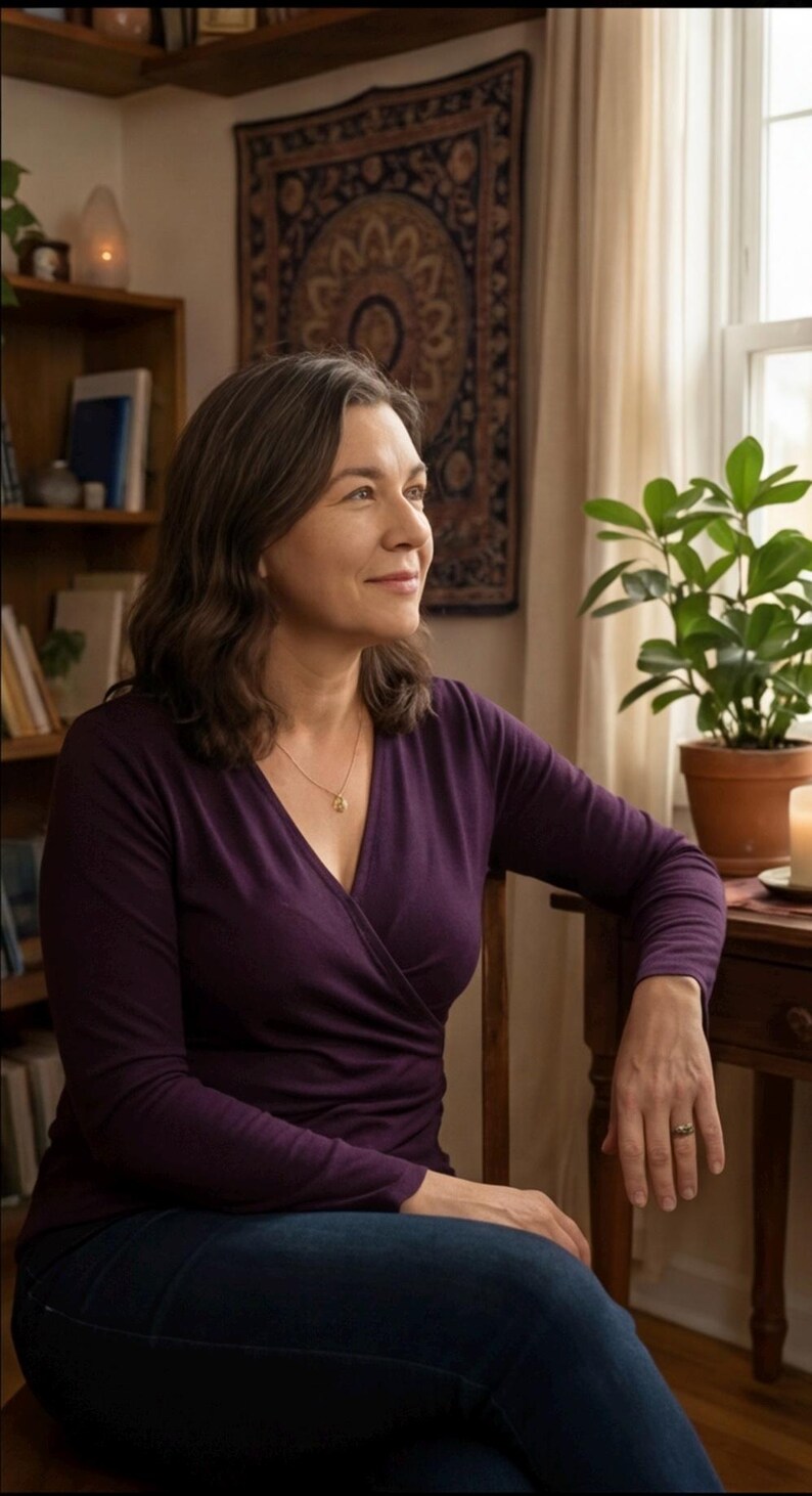 May include: A woman wearing a dark purple wrap top and blue jeans sits in a wooden chair. She is wearing a gold necklace. A tapestry hangs on the wall behind her. A potted plant sits on a table near a window.