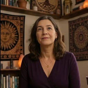 May include: A woman in a purple top sits at a wooden table with tarot cards. Tapestries with sun and tree of life designs hang on the walls. Bookshelves and a potted plant are also visible.