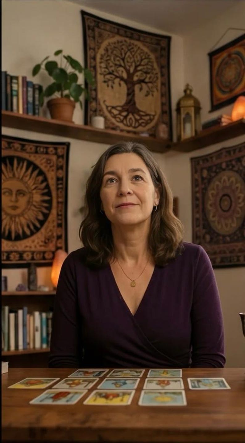 May include: A woman in a purple top sits at a wooden table with tarot cards. Tapestries with sun and tree of life designs hang on the walls. Bookshelves and a potted plant are also visible.