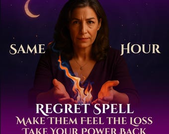 Puede incluir: Imagen con fondo morado y azul oscuro. Una mujer con expresión seria es el foco. El texto dice: "SAME HOUR REGRET SPELL MAKE THEM FEEL THE LOSS TAKE YOUR POWER BACK". También se ven una luna creciente y llamas.
