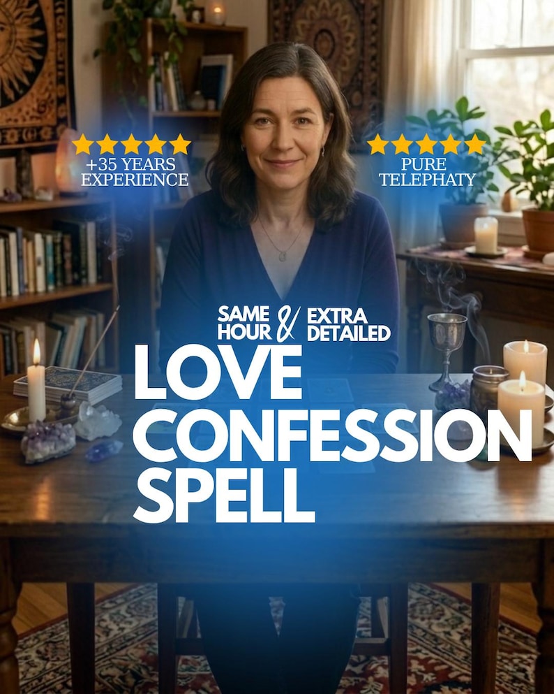 May include: A woman sits at a wooden table with candles, crystals, and a chalice. The text "LOVE CONFESSION SPELL" is prominently displayed. The image includes text that reads "+35 YEARS EXPERIENCE" and "PURE TELEPATHY".