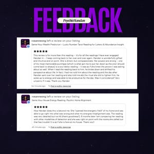 Op de afbeelding: Afbeelding met klantrecensies voor PsychicHandan, met het woord "FEEDBACK" in grote paarse letters. De recensies zijn positief en bespreken lezingen en inzichten. Het PsychicHandan-logo is zichtbaar.