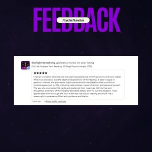 May include: A dark purple background with the word "FEEDBACK" in large, bright purple letters. A customer review is displayed, with a five-star rating and text about a tarot reading from PsychicHandan.