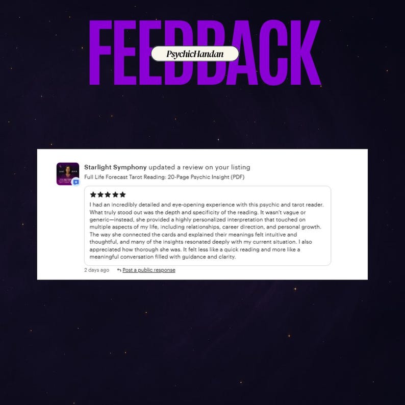 May include: A dark purple background with the word "FEEDBACK" in large, bright purple letters. A customer review is displayed, with a five-star rating and text about a tarot reading from PsychicHandan.