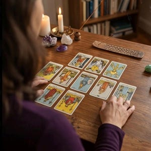 May include: A wooden table displays a tarot card reading. Ten tarot cards are laid out, some upright and some inverted. A person's hands are near the cards. Candles, crystals, and a bookshelf are in the background.
