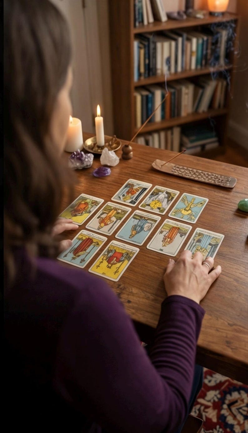 May include: A wooden table displays a tarot card reading. Ten tarot cards are laid out, some upright and some inverted. A person's hands are near the cards. Candles, crystals, and a bookshelf are in the background.