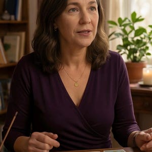 May include: A woman in a dark purple top sits at a wooden table, surrounded by tarot cards. A gold pendant necklace is visible. The scene is lit by natural light, with a bookshelf and a potted plant in the background.