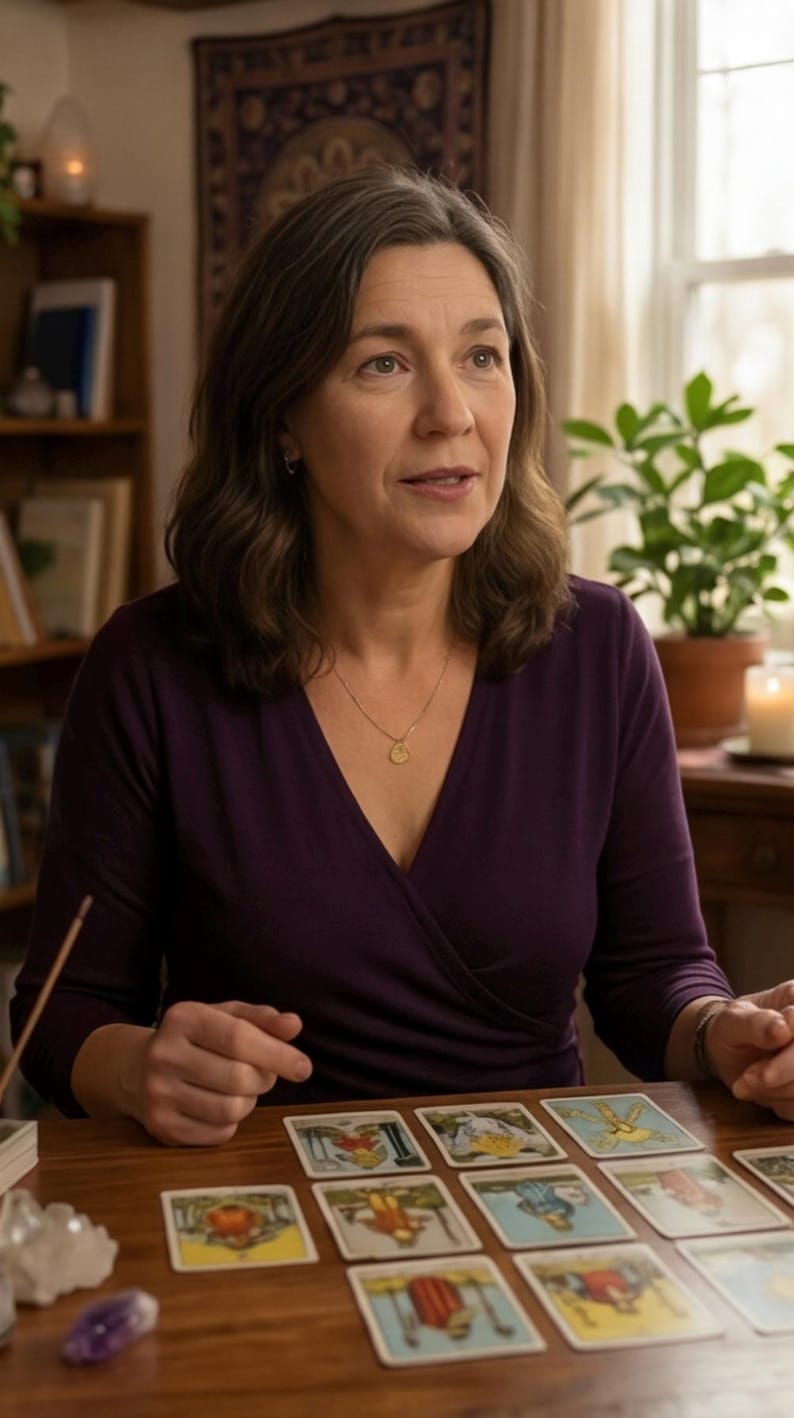 May include: A woman in a dark purple top sits at a wooden table, surrounded by tarot cards. A gold pendant necklace is visible. The scene is lit by natural light, with a bookshelf and a potted plant in the background.