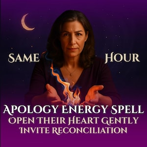 May include: An image with a purple background features a woman with brown hair and a necklace. The text reads "SAME HOUR" at the top and "APOLOGY ENERGY SPELL OPEN THEIR HEART GENTLY INVITE RECONCILIATION" at the bottom. The woman appears to be holding flames.
