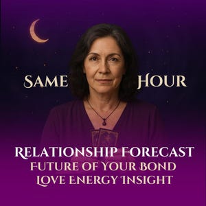 May include: A woman with dark hair holds two tarot cards in front of her. The background is a purple gradient with a crescent moon and stars. The text "SAME HOUR" is on either side of the woman's head. The text "RELATIONSHIP FORECAST FUTURE OF YOUR BOND LOVE ENERGY INSIGHT" is at the bottom of the image.