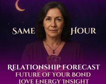 May include: A woman with dark hair holds two tarot cards in front of her. The background is a purple gradient with a crescent moon and stars. The text "SAME HOUR" is on either side of the woman's head. The text "RELATIONSHIP FORECAST FUTURE OF YOUR BOND LOVE ENERGY INSIGHT" is at the bottom of the image.