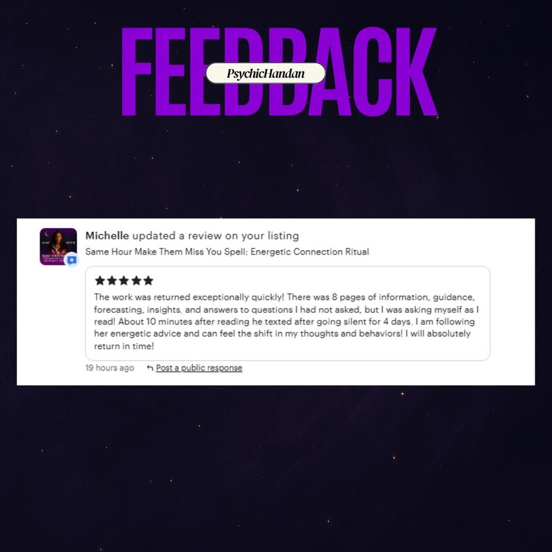 May include: A purple graphic with the word "FEEDBACK" in large, bold letters. Below, a customer review is displayed, praising the service and providing details about the experience. The review mentions a spell and energetic advice.