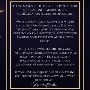 May include: A navy blue graphic with a gold border and text. The text reads: "PLEASE MAKE SURE TO PROVIDE COMPLETE AND ACCURATE INFORMATION IN THE CUSTOMIZATION SECTION (IF REQUIRED)." and more. The graphic includes the name "Psychic Handan".