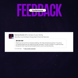 May include: A purple graphic with the word "FEEDBACK" in large letters. Below, a customer review praises a reading and spell service. The review mentions a "Same Hour Love Confession Energy Spell."