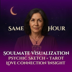May include: A woman with dark hair holds two tarot cards in front of her. The background is a purple night sky with a crescent moon and stars. The text "SAME HOUR SOULMATE VISUALIZATION PSYCHIC SKETCH + TAROT LOVE CONNECTION INSIGHT" is written in gold letters.