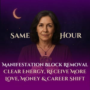 Op de afbeelding: Een vrouw houdt twee tarotkaarten voor zich, met de tekst "SAME HOUR MANIFESTATION BLOCK REMOVAL CLEAR ENERGY, RECEIVE MORE LOVE, MONEY & CAREER SHIFT" eronder. De achtergrond is een paarse gradiënt met een halve maan en sterren.