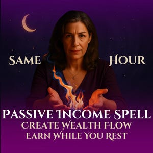 May include: A woman with dark hair and a serious expression holds a flame between her hands. The image features text that reads "SAME HOUR" and "PASSIVE INCOME SPELL CREATE WEALTH FLOW EARN WHILE YOU REST" against a purple background with a crescent moon.