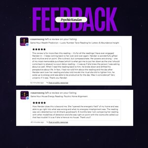 May include: Image of customer reviews for PsychicHandan, with the word "FEEDBACK" in large purple letters at the top. The reviews are positive, mentioning accurate readings and helpful insights. The shop name is also visible.