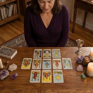 May include: A woman in a purple top sits at a wooden table with tarot cards laid out. The cards are arranged in a specific pattern. Candles, crystals, and a chalice are also on the table, suggesting a spiritual or divination theme.