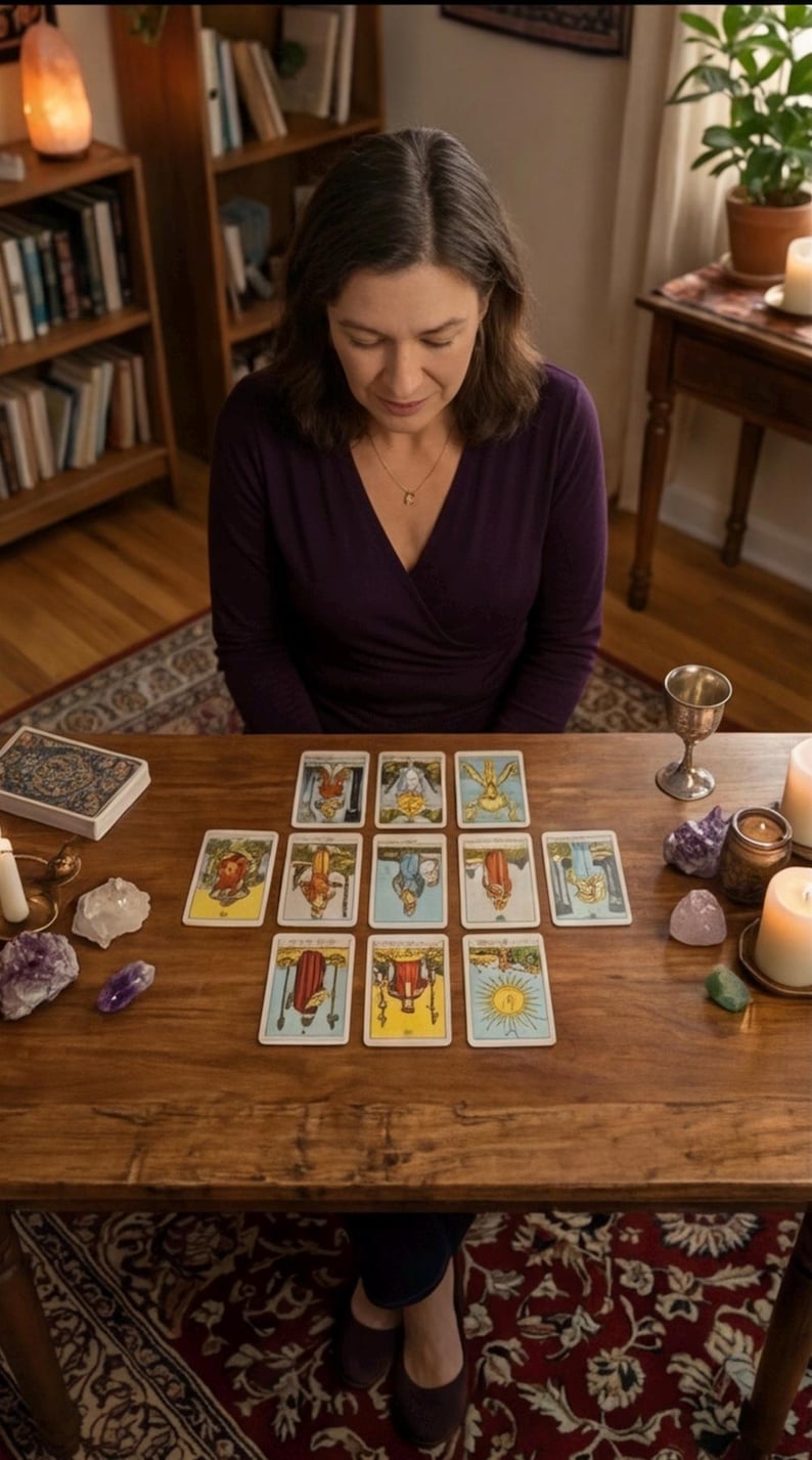 May include: A woman in a purple top sits at a wooden table with tarot cards laid out. The cards are arranged in a specific pattern. Candles, crystals, and a chalice are also on the table, suggesting a spiritual or divination theme.