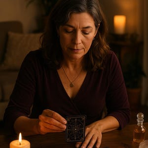 以下が含まれることがあります： 女性がろうそくが灯ったテーブルに座り、小さなオイルボトルを置いている。彼女は星形のデザインが描かれたタロットカードを手に持っている。テーブルには他に4枚のタロットカードが置かれている。