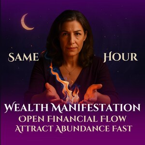 May include: An image with a purple background features a woman with brown hair and a necklace. The text reads "SAME HOUR" and "WEALTH MANIFESTATION, OPEN FINANCIAL FLOW, ATTRACT ABUNDANCE FAST." Flames appear to be emanating from her hands, with a crescent moon in the upper left.