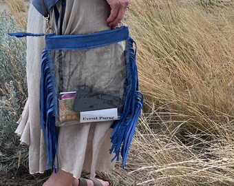 Clear Event Crossbody Bag, Indigo Elk Leather Fringe, Concert Purse
