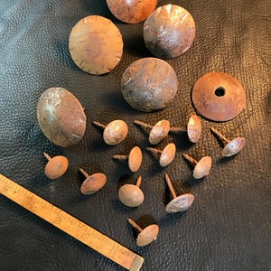 May include: A collection of 18 rusty metal tacks with round heads. The tacks are of various sizes and shapes, some with a nail-like point and others with a flat base. The tacks are arranged on a dark brown leather surface.