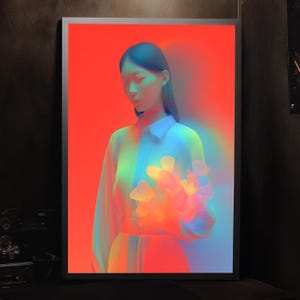 May include: A framed digital art print featuring a woman in a white collared shirt against a vibrant red background. The artwork uses a gradient of colors, including blue, green, and orange, creating a soft, ethereal effect. The woman appears to be holding glowing shapes.