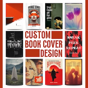 May include: A collection of custom book cover designs. The covers feature various styles, including a minimalist design with a figure on a white background, a portrait with orange headphones, and a silhouette of a person. The text "CUSTOM BOOK COVER DESIGN" is displayed.