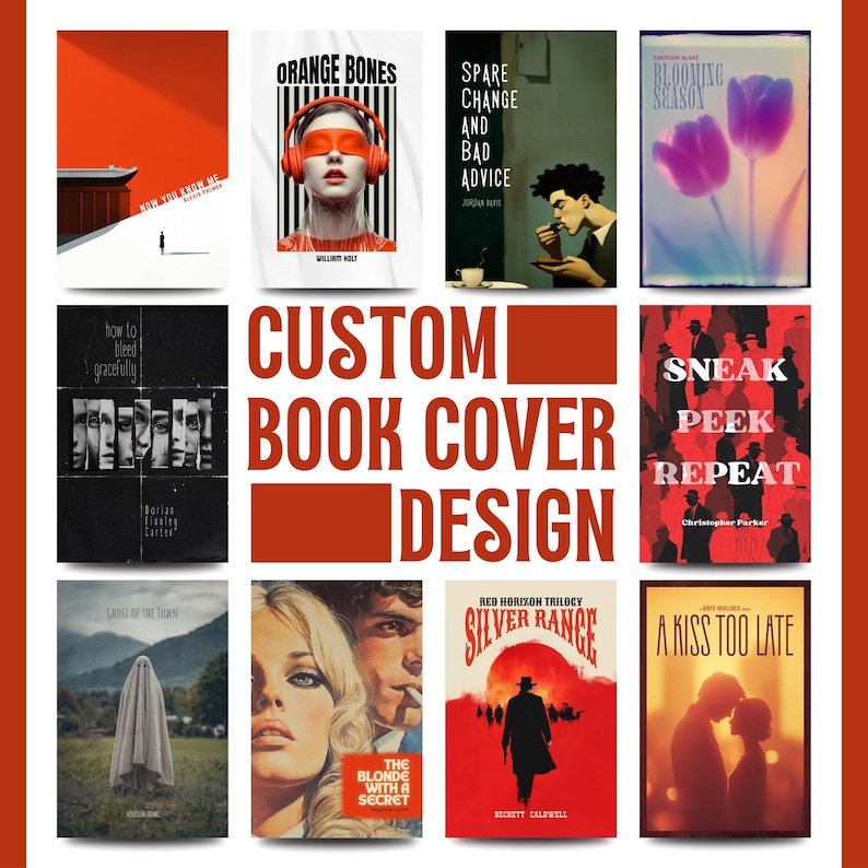May include: A collection of custom book cover designs. The covers feature various styles, including a minimalist design with a figure on a white background, a portrait with orange headphones, and a silhouette of a person. The text "CUSTOM BOOK COVER DESIGN" is displayed.