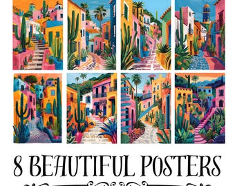 Könnte beinhalten: Acht farbenfrohe Poster mit Illustrationen einer lebendigen, fantasievollen Stadt mit bunten Gebäuden, gewundenen Gassen und üppigem Grün. Die Poster haben einen Retro- und Vintage-Look.