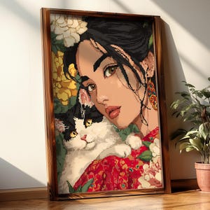 May include: A framed pixel art print featuring a woman with dark hair and brown eyes, holding a black and white cat. The woman is wearing a red patterned dress. The background includes flowers in yellow and white.