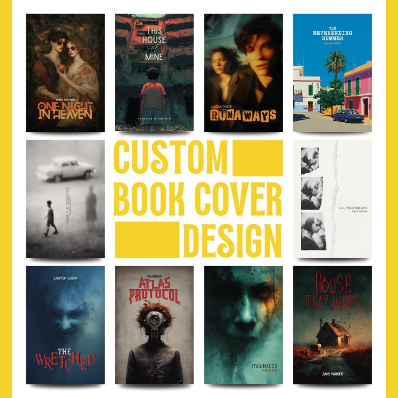 May include: A collection of custom book cover designs. The covers feature various artistic styles, including illustrations and photographic elements. The text "CUSTOM BOOK COVER DESIGN" is prominently displayed in yellow.