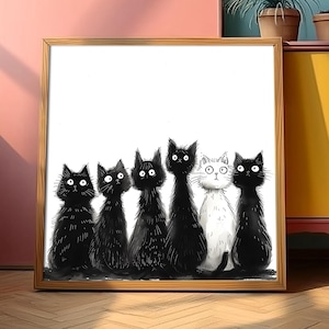 Könnte beinhalten: Ein gerahmter Kunstdruck mit sechs stilisierten Katzen. Fünf sind schwarz mit großen Augen, und eine ist weiß mit runden Brillen. Das Kunstwerk hat einen skurrilen, cartoonartigen Stil, vor weißem Hintergrund.