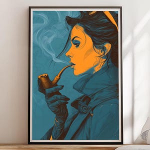 Può includere: Una donna con i capelli scuri e un cappotto blu fuma una pipa. Lo sfondo è un design astratto blu e bianco.