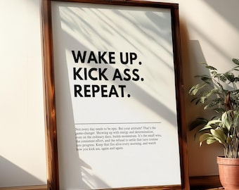 Wake Up Kick Ass Repeat - Arte mural con cita motivacional para el trabajo, impresiones de oficina, póster inspirador, imprimible, descarga digital, regalo