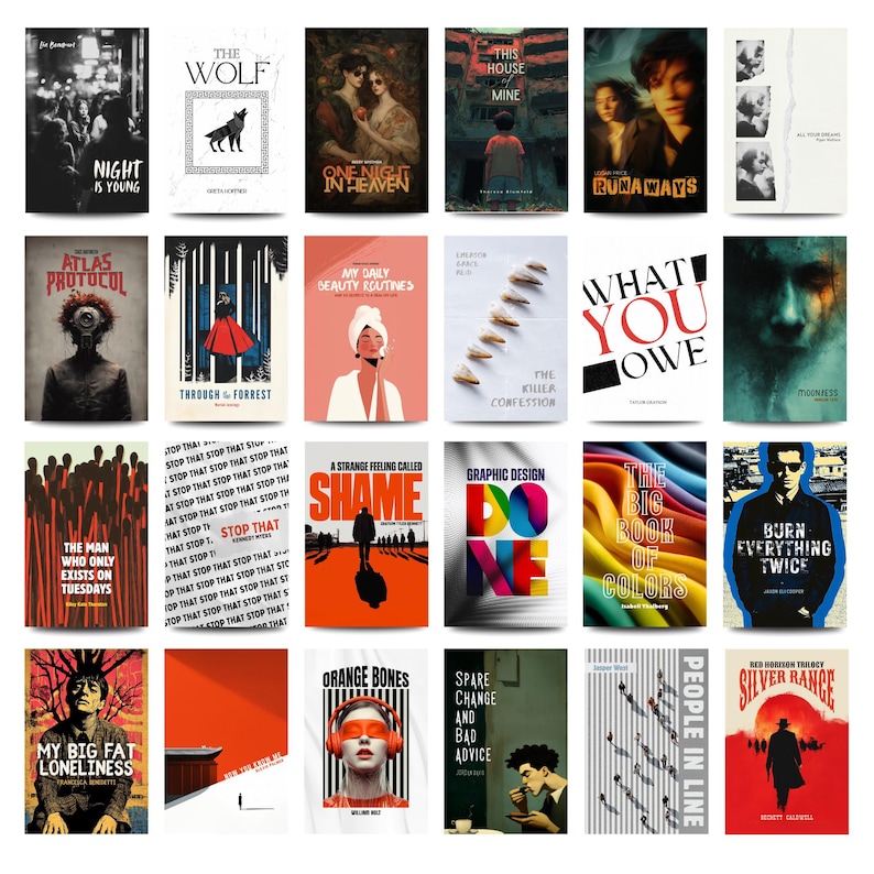 May include: A collection of book covers with various designs and titles. The covers feature diverse artwork, including illustrations, photographs, and graphic designs. Titles include "Night is Young," "The Wolf," "One Night in Heaven," and "Atlas Protocol."