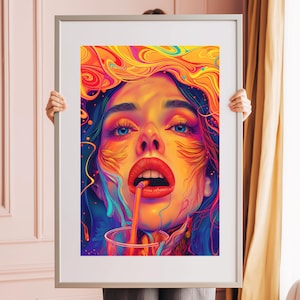 A Sip - Colorful Portrait Illustration, Printable Art, Digital Download, Wall Art, Print Art, Home Decor, Gift Idea, Psychedelic,