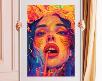 A Sip - Portrait Illustration, Printable Art, Digital Download, Wall Art, Print Art, Home Decor, Gift Idea, Psychedelic, Digital Art